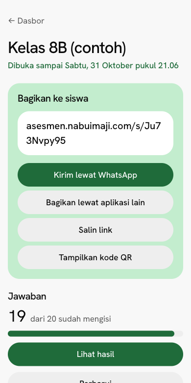 Layar bagikan: link survei dan tombol Kirim lewat WhatsApp