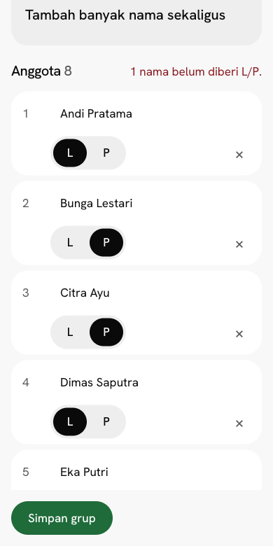 Layar daftar kelas: nama yang ditempel dari Excel sudah terbaca beserta L/P